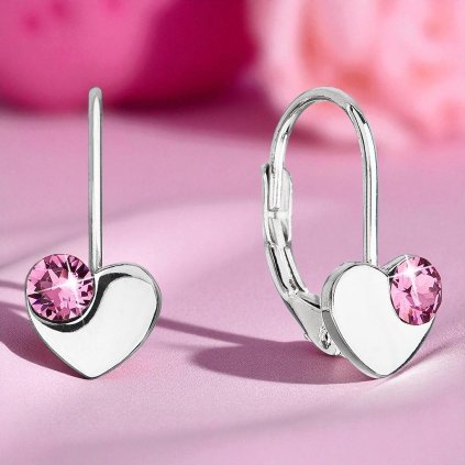 Dievčenské strieborné náušnice v tvare srdca so Swarovski Crystals rose